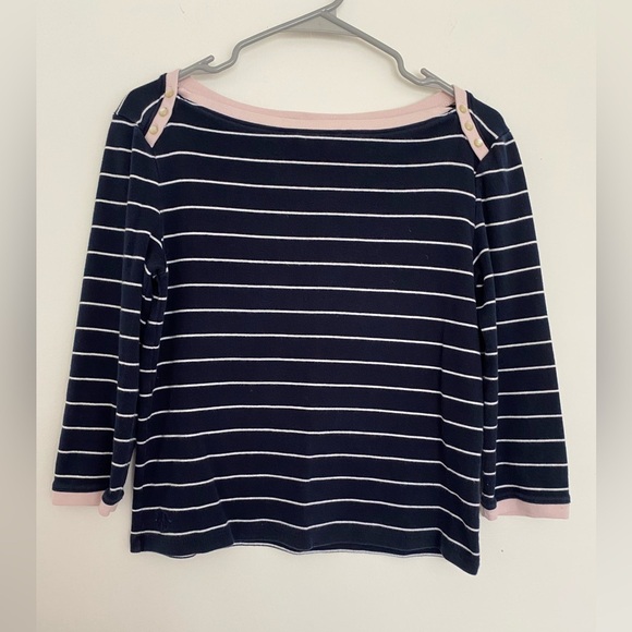 Vintage Lauren Ralph Lauren Navy Striped Sweater M Pastel Pink Trim Pearl Button - Picture 1 of 10